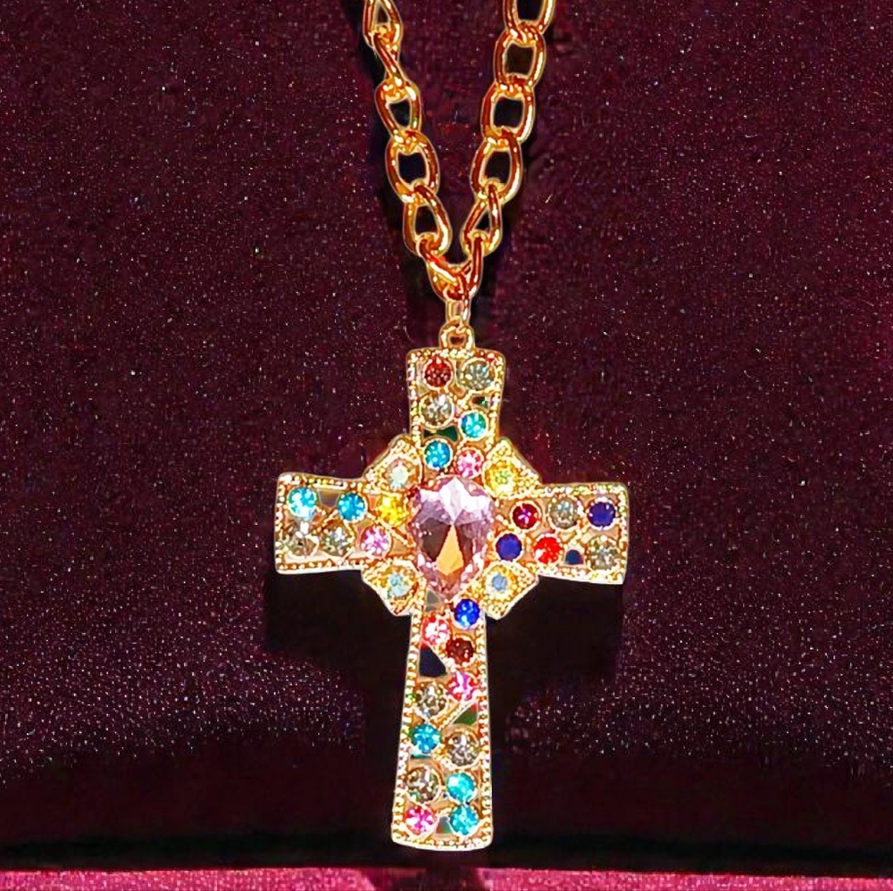 Chunky Jewel Tone Cross Charm Necklace Baddie Iced Out Modern Retro Glam Bling